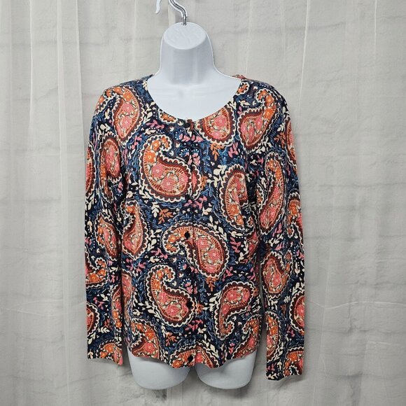 Talbots Blue Pink Paisley Merino Wool Cardigan Retro Classic M - Picture 10 of 10